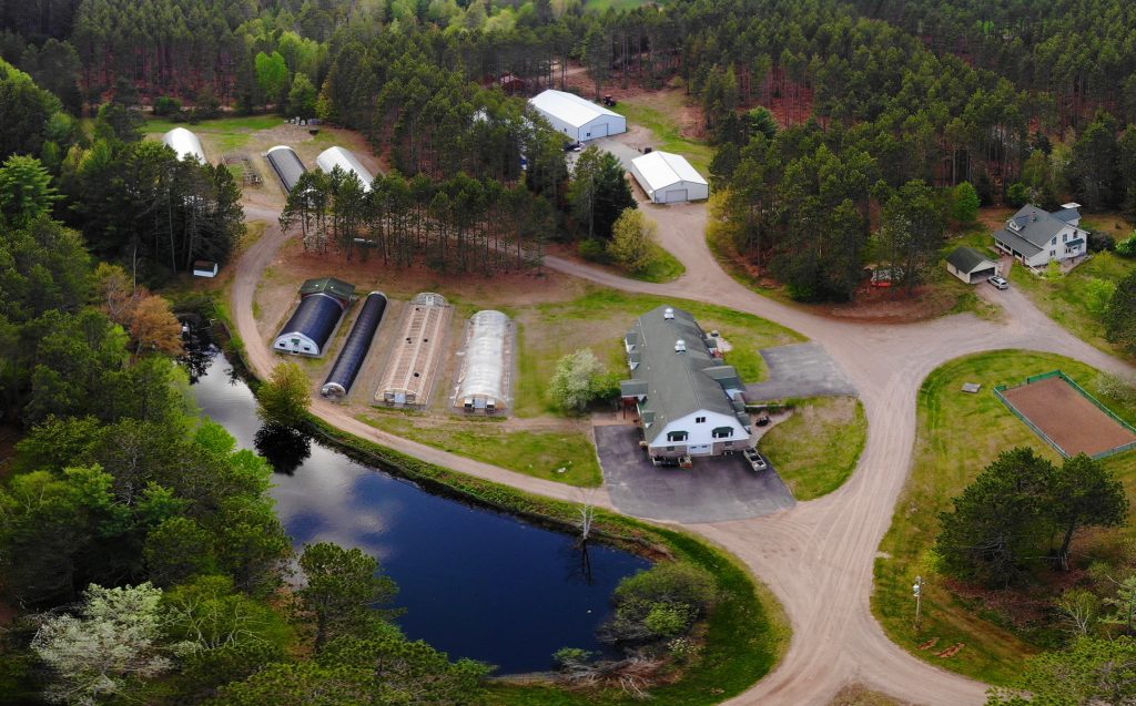 Agricultural buildings, pond, forest